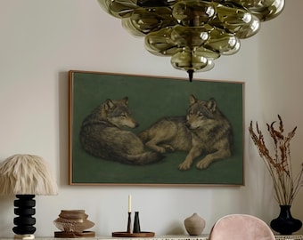 Impressão artística de um par de lobos verde-esmeralda, pôster retrô e divertido de lobos, pintura a óleo vintage abstrata de animais selvagens, decoração rústica com tema de natureza e floresta.