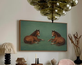Impressão de cavalos verde-esmeralda, pintura a óleo abstrata vintage, pôster equestre com glamour campestre de meados do século, decoração de parede com temática da natureza do Oeste.