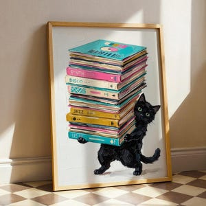 Retro Black Cat Vinyl Poster, Quirky Eclectic Music Art Print, Mid Century Modern Record Player Decor, Moody Album Stack Paint Musician Gift