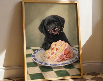 Ilustração de um Labrador Preto com Bolo, Decoração Divertida para Parede da Cozinha, Ideal para Amantes de Cães e Comida (Download Digital)