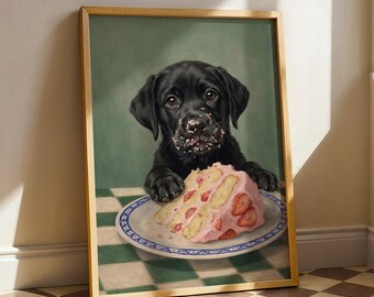 Ilustração de um filhote de labrador preto comendo bolo de morango, pôster divertido para donos de labradores gourmets (download digital).