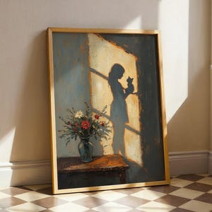 Shadows of Cat Owner Under Sunlight Art, Abstract Oil Painting, Blurred Open Window Woman Figure Print, Peaceful Wayne Thiebaud Painting
