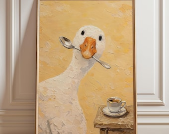 Väggkonst med fånig gås och kaffe, nyckfull espressofågelmålning, rolig köksdekor, udda anka som håller sked, Cottagecore-kaffebardekor