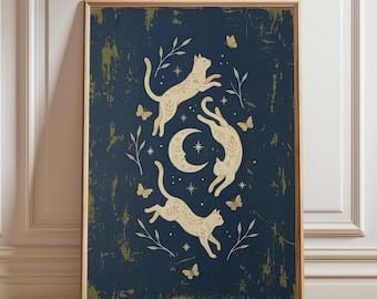 Mystical Cat Folk Art Print, Celestial Moon Stars Poster, Whimsical Vintage Animal Illustration, Dark Teal Nursery Decor, (Digital Download)