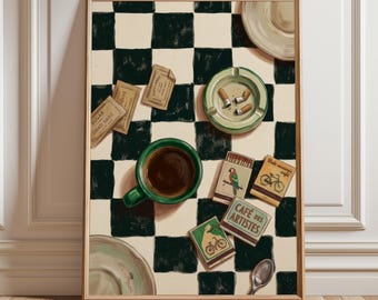 Art mural de cuisine maximaliste, nature morte expresso et pochette d'allumettes, affiche de café européen rétro, impression de bar à café en damier de mauvaise humeur