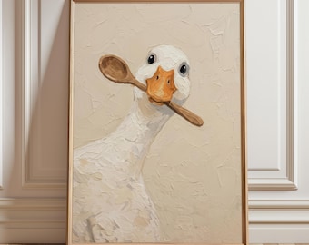 Art mural de cuisine fantaisiste de canard, peinture à l'huile mignonne d'oie idiote tenant la cuillère, décoration murale de ferme rustique, oeuvre d'art animalière originale de Cottagecore