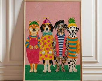 Colorful Dogs Pop Art Print, Maximalist Funny Animal Painting, Funky Dog with Hat Poster Kids Playroom Decor, Bright Puppy Nursery Wall Art