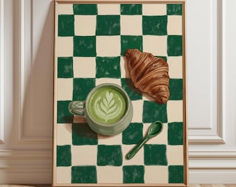 Matcha Latte and Croissant Still Life Illustration, Funky Food and Drink Print, Trendy Cafe Cozy Breakfast Art, Eclectic Dining Room Poster