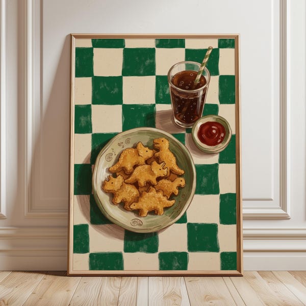 Dino Nugget Kitchen konsttryck, nyckfull nostalgisk snabbmatsväggdekor, Maximalist Diner-affisch, rolig dopamindekor, (digital nedladdning)