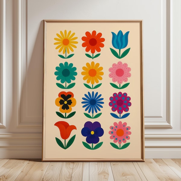 Colorful Flowers Print, Aesthetic Dopamine Decor Floral Wall Art, Funky Bloom Poster, Maximalist Botanical Illustration, Bright Home Decor