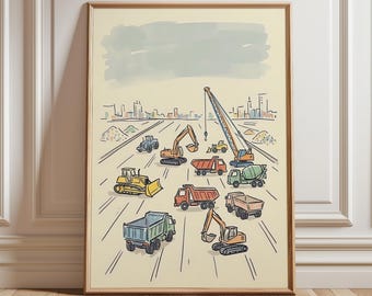 Construction Truck Nursery Wall Art, Minimalist Kids Room Decor, Baby Boys Bedroom Print, Whimsical Excavator Poster, Truck Playroom Artwork