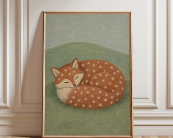 Impressão artística de raposa sonolenta, decoração de parede com tema da natureza, pôster para quarto tranquilo e sereno, cantinho de leitura, quarto infantil ou berçário (download digital)