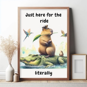 Illustrazione di un capibara che cavalca un coccodrillo, divertente poster di un alligatore capibara, decorazione di un coccodrillo capibara, divertente pittura di un alligatore della Florida, animali come esseri umani