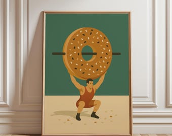 May include: A framed art print featuring a weightlifter squatting with a large donut on a barbell. The donut is brown with sesame seeds, set against a green background. The weightlifter is wearing a red singlet. The print has a minimalist, humorous style.