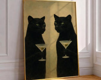 Impressão artística de taça de martini dos Panteras Negras - Ilustração gótica e caprichosa de animais selvagens, decoração minimalista e sombria para carrinho de bar, pôster feminino e misterioso