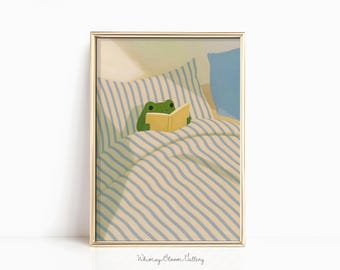 Frog Reading Book in Bed Print - Cosy Bedroom Paint, Bookish Illustration for Bookshelf Decor, Funny Frog Wall Art, Retro Animal Nursery Art