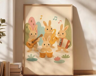 Pôster artístico de coelhos tocando instrumentos em uma banda, divertido pôster musical de coelho para quarto infantil, decoração lúdica e estimulante para berçário ou chá de bebê.