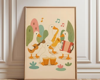 Arte para imprimir: Banda de gansos tocando instrumentos, pôster musical de gansos para quarto infantil, berçário ou chá de bebê, decoração para estimular a dopamina (download digital)