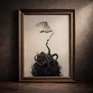 Cuadro de pulpo y cisne de estilo Dark Academia, decoración náutica surrealista y melancólica, arte mural minimalista gótico con animales, póster mítico en blanco y negro.