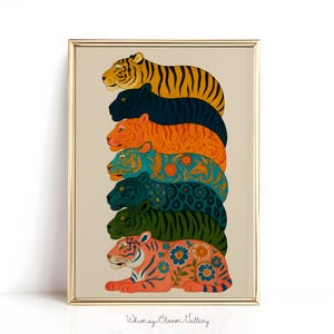 Colorful Tiger Pop Art Print, Group Pet Portrait, Vintage Animal Oil Painting, Maximalist Eclectic Wall Decor, Boho Wild Life Jungle Artwork