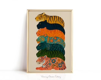 Impression pop art tigre coloré, portrait d'animal de compagnie en groupe, peinture à l'huile animalière vintage, décoration murale éclectique maximaliste, oeuvre d'art bohème dans la jungle sauvage