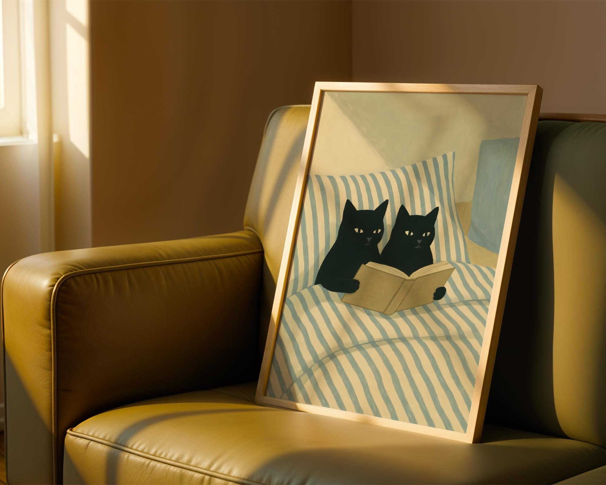 黒猫カップル読書プリント - 居心地の良い寝室ポスター、本好きの猫の