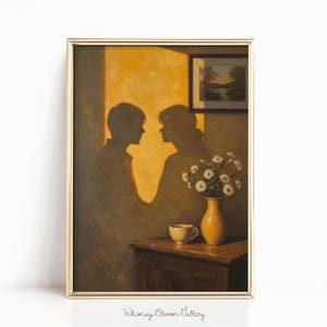 May include: A framed art print featuring a warm, golden-toned interior scene. The artwork depicts two silhouetted figures facing each other, with a vase of white daisies and a teacup on a wooden table. A small framed landscape painting hangs on the wall.