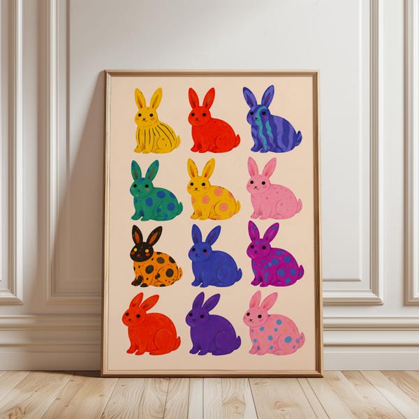 Colorful Rabbits Print: Kitsch Animal Pattern Wall Art, Kids Dopamine Decor, Maximalist Funky Animal Poster for Bunny Theme Nursery