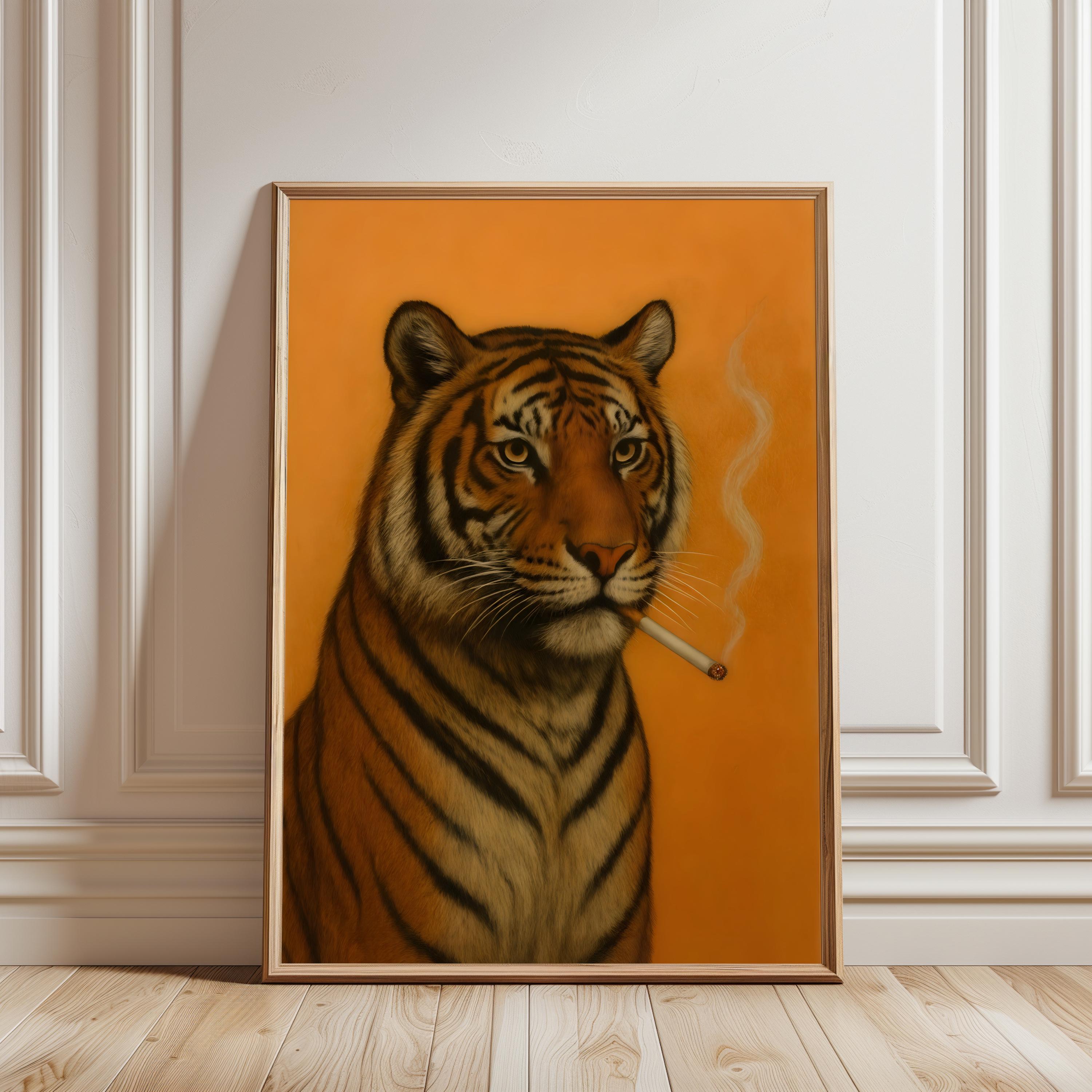 tiger smoking a cigarette Print, Vintage Bar Cart Decor, Quirky Wild Animal Painting, Marlboro Mancave Decor, Retro Wildlife Moody Poster Tiger Head Wearing Bandana While