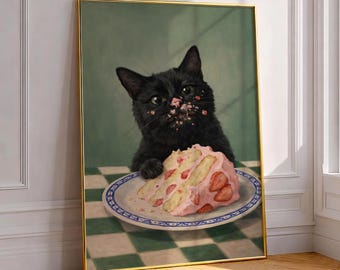 Ilustração de um gato preto comendo bolo, uma divertida e encantadora ilustração de gatinho para decoração de cozinha, um pôster de sobremesa de morango perfeito para donos de gatos gourmets.