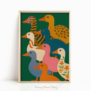 May include: A framed art print depicting a collection of colourful, stylised ducks against a dark green backdrop. The ducks are in shades of yellow, blue, pink, and orange, with unique patterns. The frame is gold.