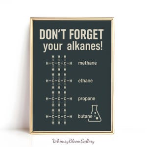 Vergeet je alkanen niet-chemie poster, grappig wetenschap klas decor, periodiek systeem print organische scheikunde leraar cadeau wetenschapper kunst