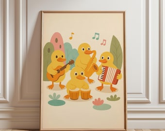 Pôster de Patinhos Brincalhões com Arte da Banda, Decoração Lúdica para Quarto de Bebê, Decoração para Chá de Bebê, Arte Digital para Imprimir com Patinhos, Download Digital