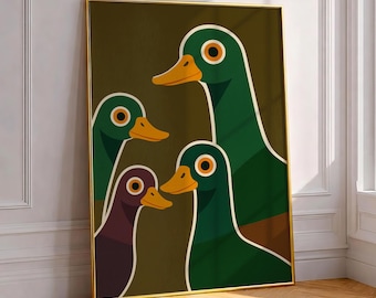 Impressão artística de patos curiosos, ilustração divertida de pato em estilo boho de meados do século XX, pôster abstrato e lúdico de animais para decoração de quarto infantil, pintura ousada e moderna.