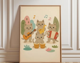 Pôster artístico com banda de gatos musicais, gatinho divertido tocando instrumentos, decoração para quarto infantil que estimula a dopamina, ideal para chá de bebê (download digital).