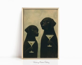 Black Labradors with Martini Print - Gothic Dog Wall Art, Moody Dog Couple Painting, Minimalist Cocktail Art, Retro Man Cave Bar Cart Decor