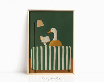 Silly Goose Reading boek print - gezellige groene slaapkamer verf, smaragdgroen leesgrage muurkunst, retro poster kinderkamer eend, dierenboekenplank decor