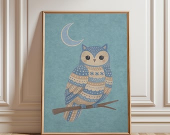 Impressão artística de coruja e lua em estilo lúdico – Decoração de parede com pássaros encantadores, pôster relaxante para quarto de bebê ou presente para chá de bebê (download digital)