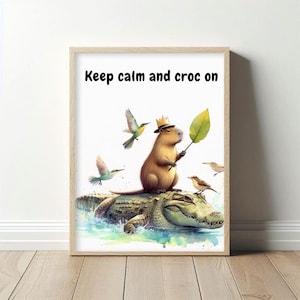 Disegno di un capibara che cavalca un coccodrillo, divertente opera d'arte di un alligatore capibara, decorazioni con giochi di parole carini, giochi di parole divertenti con la pittura Florida Gator, animali come esseri umani