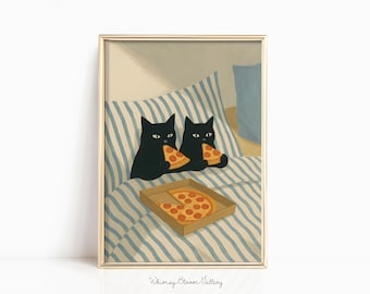 Two Black Cats Eating Pizza Print - Cosy Bedroom Paint, Book Lover Cat Illustration, Cat in Bed Poster, Pizza Club Art, Retro Bar Cart Decor
