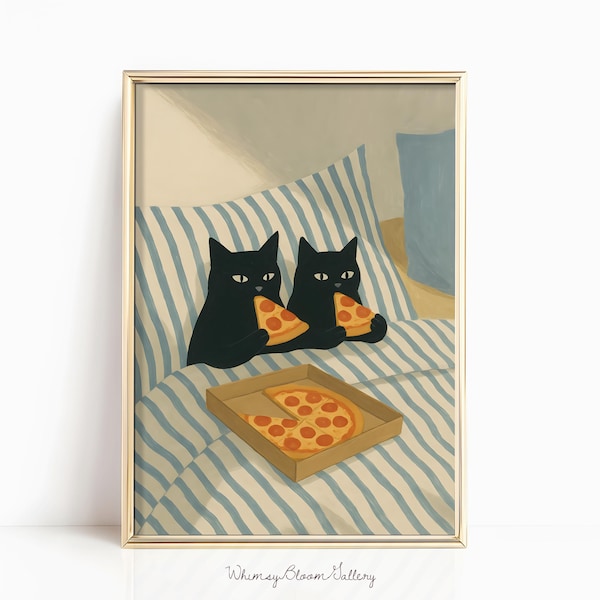 Två svarta katter som äter pizza - Mysig sovrumsmålning, bokälskare kattillustration, katt i sängen poster, pizzaklubbkonst, retro barvagnsdekor