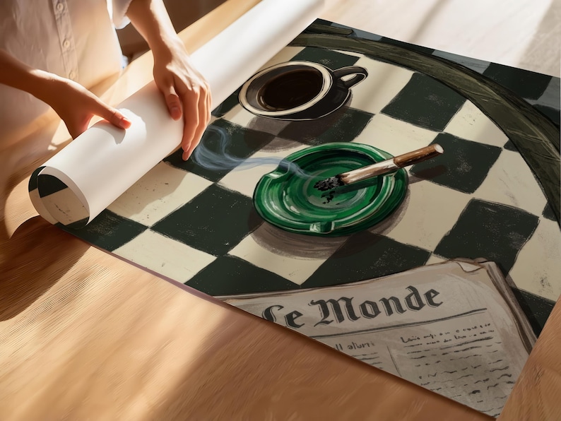 May include: A rolled-up print featuring a black and white checkered pattern, a green ashtray with a lit cigarette, a black coffee cup, and a newspaper with the text "Le Monde". The print is being unrolled on a wooden surface.