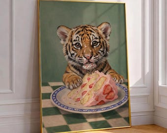 Impressão artística de um tigre fofo comendo bolo, ilustração divertida e lúdica de animal selvagem para decoração de cozinha, pôster de sobremesa de morango rosa para presente de amante da gastronomia.