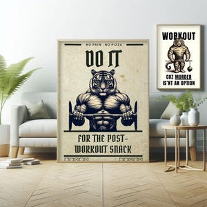 Póster de refrigerio post-entrenamiento, frase inspiradora de un tigre para fitness, arte periodístico motivacional, dibujo de juegos de palabras con animales para hacer ejercicio en el gimnasio