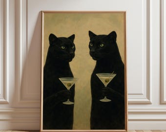 Impressão artística de taça de martini com Panteras Negras em tom melancólico - Pôster com ilustração de animal selvagem em estilo gótico e extravagante, decoração para carrinho de bar escuro (download digital)