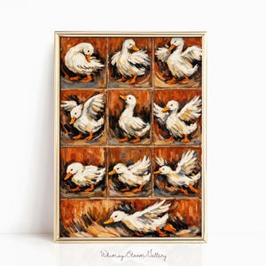 May include: A framed artwork featuring nine square panels, each depicting a white duck in various poses against a brown background. The ducks have orange feet and beaks. The artwork is signed "Whimsy Bloom Gallery".