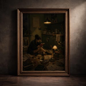 May include: A framed painting depicts a person reading in a dimly lit room. The person is surrounded by books and papers. A small lamp and overhead light illuminate the scene. The painting has a warm, vintage aesthetic with a brown wooden frame.