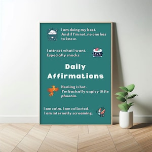 Poster divertente con affermazioni quotidiane per il pensiero positivo, decorazione per studio yoga per lo sviluppo personale, stampa di una lista di controllo per la cura di sé, cose da ricordare