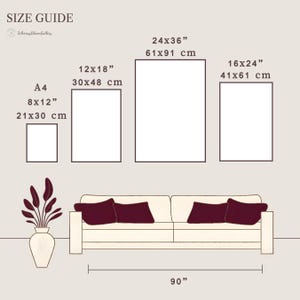 May include: A size guide graphic with dimensions in inches and centimeters. The image shows a sofa with pillows, a vase with a plant, and blank rectangular art prints in various sizes: 8x12", 12x18", 16x24", and 24x36".