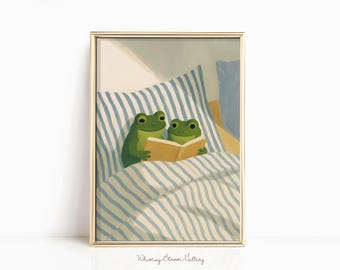 Frog Couple Reading Book in Bed Print - Cosy Bedroom Paint, Bookish Illustration for Bookshelf Decor, Funny Frogs Art, Retro Animal Nursery